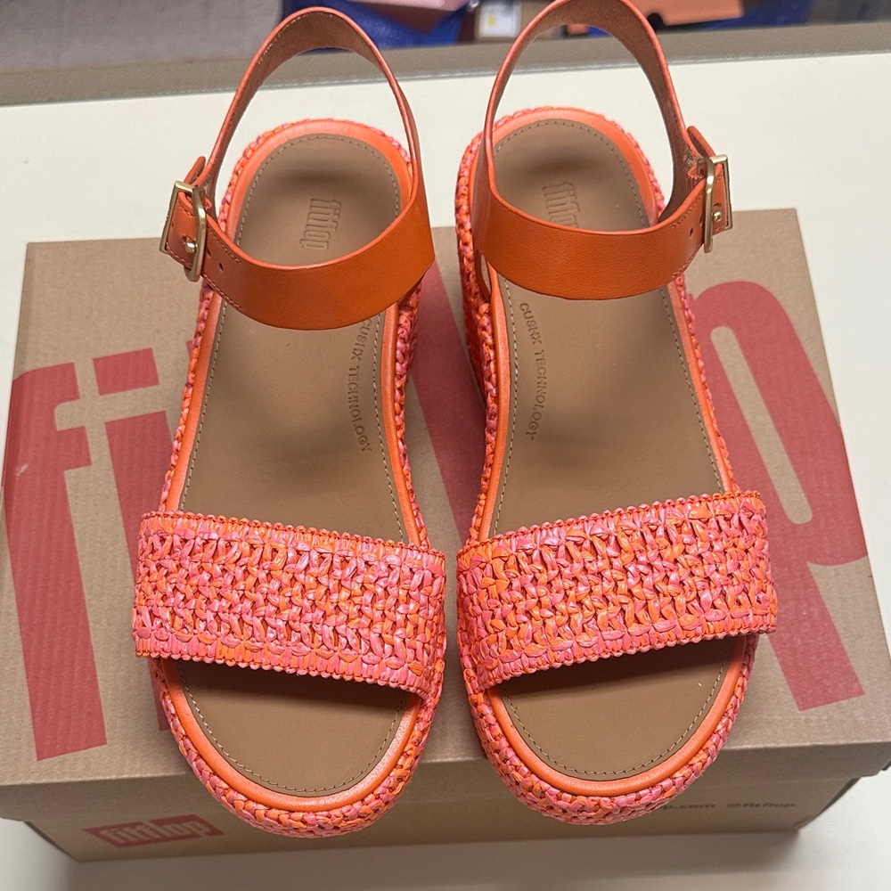 Fitflop Women's Orange and Pink Woven Platform Sandals - Picture 8 of 13